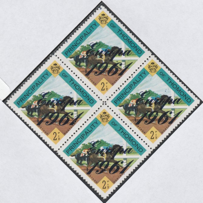 Thomond 1961 Horse Racing 2.5d (Diamond-shaped) with 'Europa 1961' overprint unmounted mint block of 4, slight off-set from overprint on gummed side, stamps on animals  europa  horse racing    horses  sport