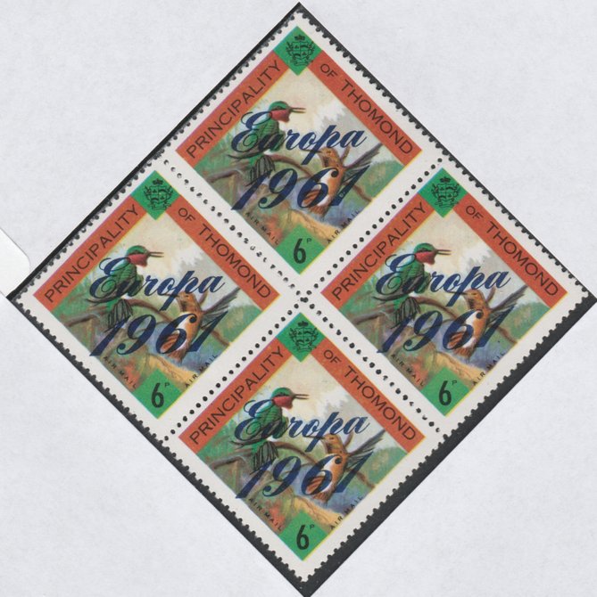 Thomond 1961 Hummingbirds 6d (Diamond-shaped) with 'Europa 1961' overprint unmounted mint block of 4, slight off-set from overprint on gummed side, stamps on birds, stamps on europa, stamps on  hummingbirds, stamps on hummingbirds