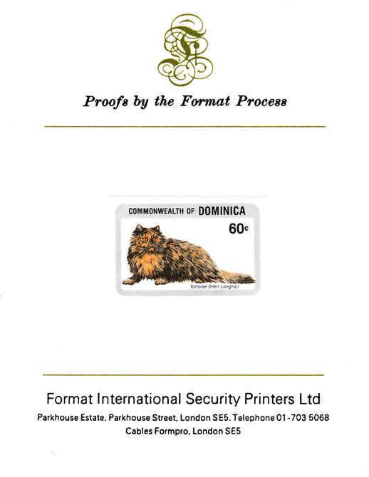 Dominica 1984 Cats 60c (Tortoiseshell Longhair) imperf proof mounted on Format International proof card as SG 917, stamps on animals, stamps on cats