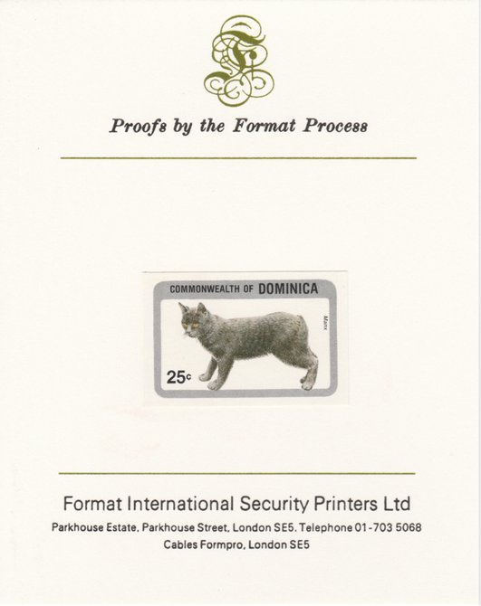 Dominica 1984 Cats 25c (Manx) imperf proof mounted on Format International proof card as SG 915, stamps on animals, stamps on cats