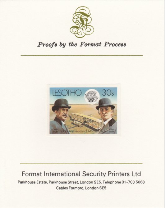 Lesotho 1983 Manned Flight 30s (Wright Brothers & Flyer) imperf proof mounted on Format International proof card as SG 546, stamps on aviation, stamps on personalities
