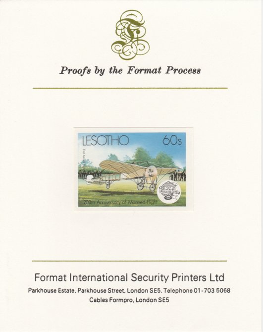 Lesotho 1983 Manned Flight 60s (First Airmail Flight) imperf proof mounted on Format International proof card as SG 547, stamps on , stamps on  stamps on aviation