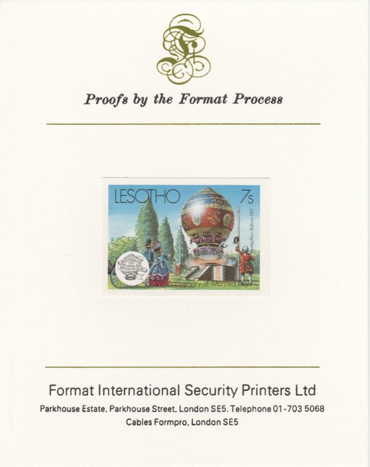 Lesotho 1983 Manned Flight 7s (Montgolfer Balloon) imperf proof mounted on Format International proof card as SG 545, stamps on aviation, stamps on balloons