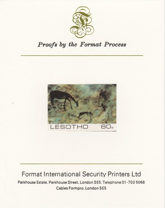 Lesotho 1983 Hunters attacking Reedbuck (Rock Paintings) 60s value imperf proof mounted on Format International proof card as SG 542, stamps on animals, stamps on arts, stamps on hunting