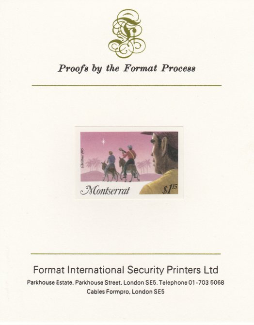 Montserrat 1985 Christmas $1.15 (Three Wise Men) imperf proof mounted on Format International proof card as SG 666 , stamps on christmas, stamps on bethlehem
