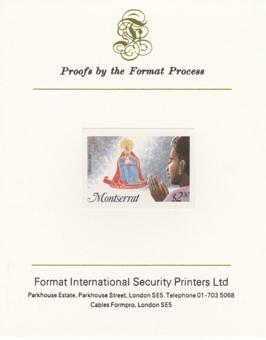 Montserrat 1985 Christmas $2.30 (Praying) imperf proof mounted on Format International proof card as SG 668, stamps on christmas, stamps on bethlehem