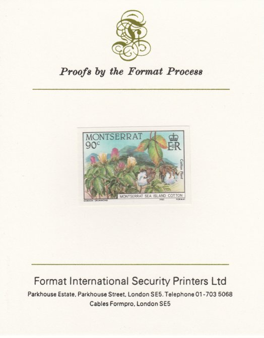 Montserrat 1985 Sea Island Cotton 90c (Cotton Plants) imperf proof mounted on Format International proof card as SG 645, stamps on industry, stamps on textiles, stamps on cotton