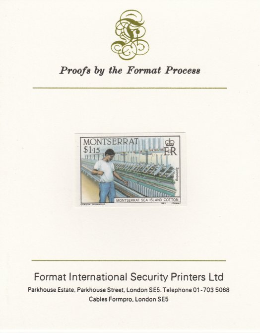 Montserrat 1985 Sea Island Cotton $1.15 (Threading Loom) imperf proof mounted on Format International proof card as SG 647, stamps on industry, stamps on textiles, stamps on cotton