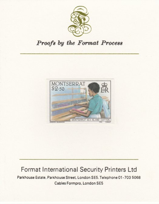 Montserrat 1985 Sea Island Cotton $2.5 (Weaving with Hand Loom) imperf proof mounted on Format International proof card as SG 648, stamps on industry, stamps on textiles, stamps on crafts