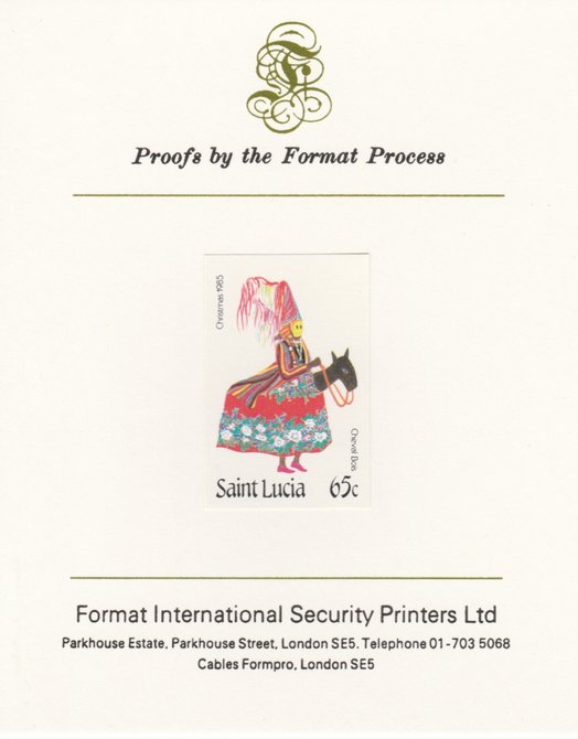St Lucia 1985 Christmas Masqueraders 65c imperf proof mounted on Format International proof card as SG 856, stamps on christmas, stamps on donkeys