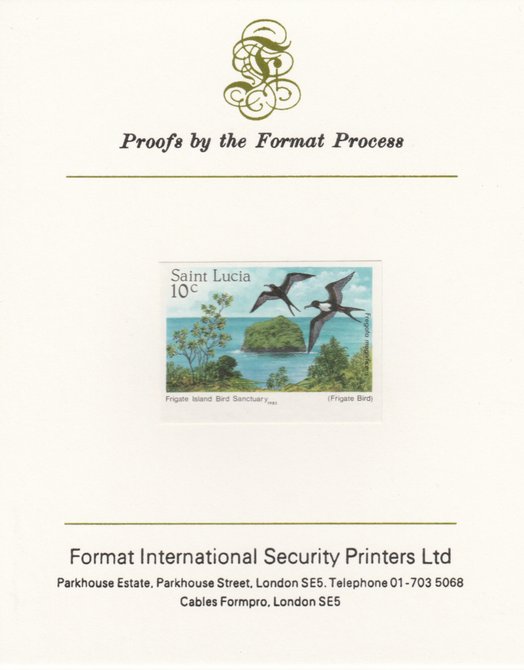 St Lucia 1985 Nature Reserves 10c Frigate Birds imperf proof mounted on Format International proof card as SG 820, stamps on birds, stamps on frigate, stamps on cuckoo, stamps on sandpiper, stamps on  shearwater