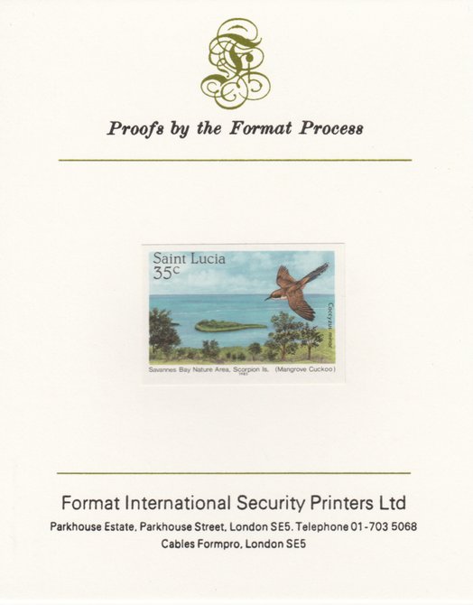 St Lucia 1985 Nature Reserves 35c Mangrove Cuckoo imperf proof mounted on Format International proof card as SG 821, stamps on birds, stamps on frigate, stamps on cuckoo, stamps on sandpiper, stamps on  shearwater