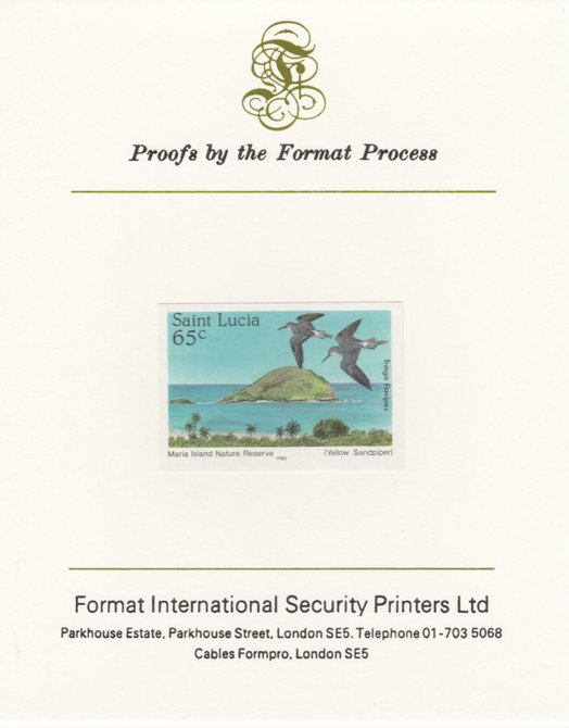St Lucia 1985 Nature Reserves 65c Lesser Yellowlegs imperf proof mounted on Format International proof card as SG 822, stamps on birds, stamps on frigate, stamps on cuckoo, stamps on sandpiper, stamps on  shearwater