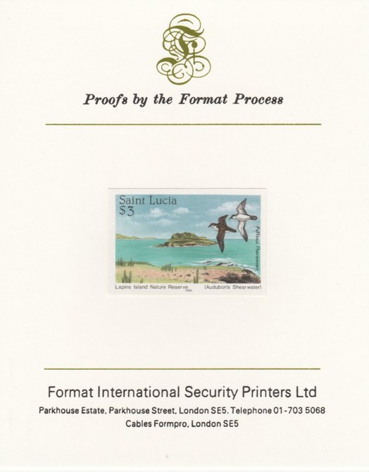 St Lucia 1985 Nature Reserves $3 Audubon's Shearwater imperf proof mounted on Format International proof card as SG 823, stamps on birds, stamps on frigate, stamps on cuckoo, stamps on sandpiper, stamps on  shearwater