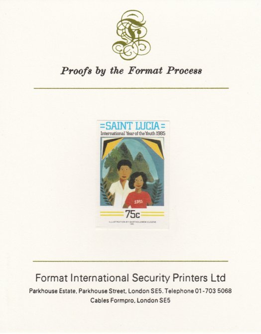 St Lucia 1985 Int Youth Year Paintings 75c imperf proof mounted on Format International proof card as SG 843, stamps on children, stamps on scouts