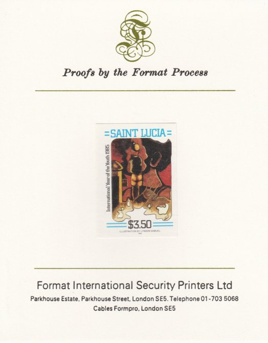 St Lucia 1985 Int Youth Year Paintings $3.50 imperf proof mounted on Format International proof card as SG 844, stamps on children, stamps on scouts