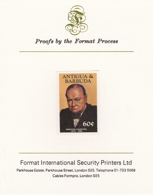 Antigua 1984 Famous People 60c (Churchill) imperf proof mounted on Format International proof card as SG 888, stamps on churchill, stamps on personalities