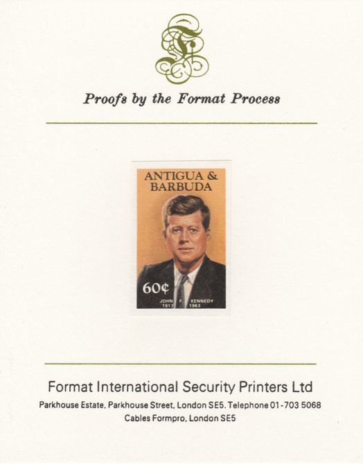 Antigua 1984 Famous People 60c (Kennedy) imperf proof mounted on Format International proof card as SG 890, stamps on kennedy, stamps on personalities