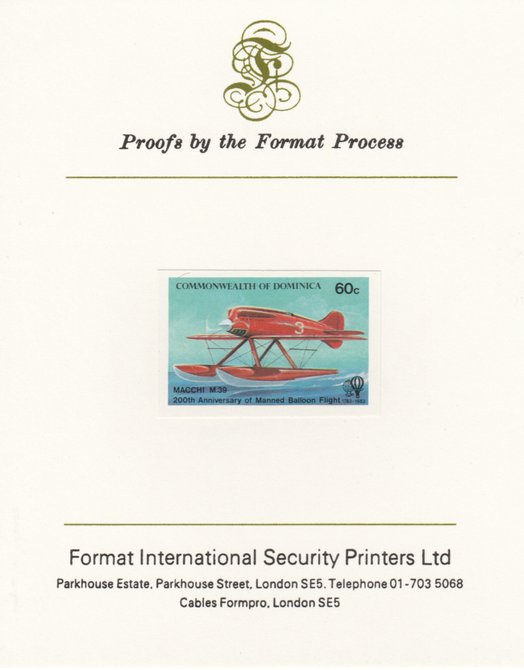 Dominica 1983 Manned Flight 60c (Macchi M39 Seaplane) imperf proof mounted on Format International proof card as SG 854, stamps on , stamps on  stamps on aviation, stamps on  stamps on seaplane