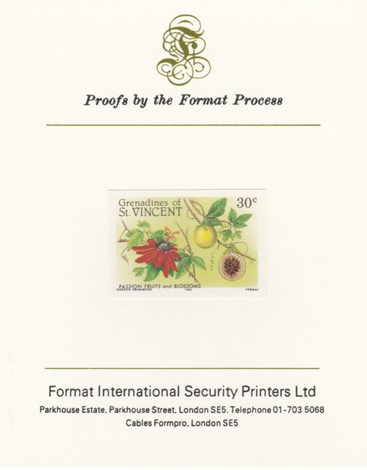 St Vincent - Grenadines 1985 Fruits & Blossoms 30c (Passion Fruit) imperf proof mounted on Format International proof card as SG 398, stamps on flowers, stamps on fruit
