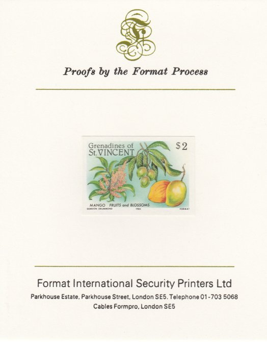 St Vincent - Grenadines 1985 Fruits & Blossoms $2 (Mango) imperf proof mounted on Format International proof card as SG 401, stamps on flowers, stamps on , stamps on fruit, stamps on mango