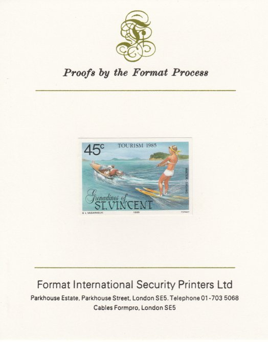 St Vincent - Grenadines 1985 Tourism Watersports 45c (Water Skiing) imperf proof mounted on Format International proof card as SG 387, stamps on , stamps on  stamps on sport  tourism    water skiing