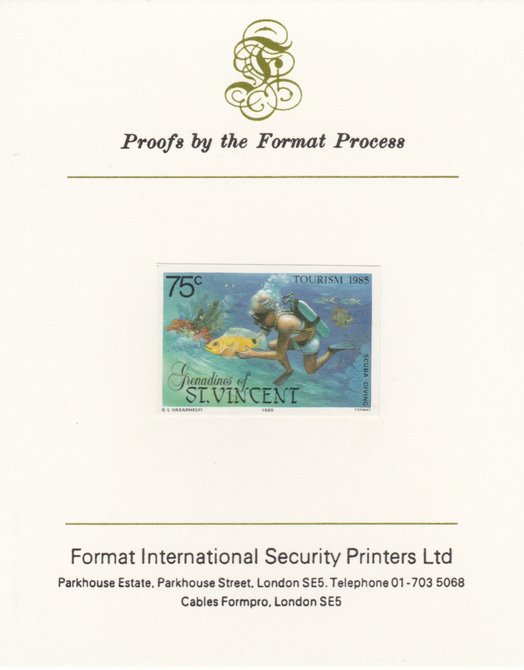 St Vincent - Grenadines 1985 Tourism Watersports 75c (Scuba Diving) imperf proof mounted on Format International proof card as SG 388, stamps on fish, stamps on marine life, stamps on sport, stamps on masks, stamps on scuba diving, stamps on tourism
