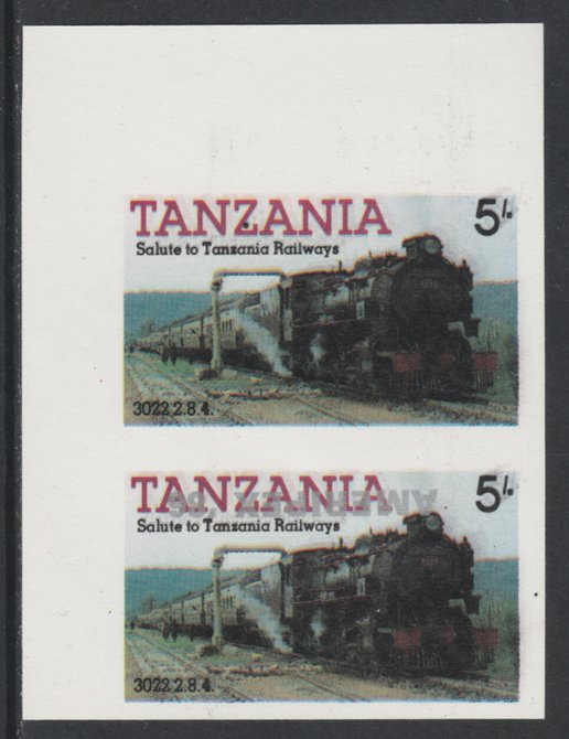 Tanzania 1986 Railways 5s (as SG 430) imperf proof pair with the unissued 'AMERIPEX '86' opt in silver inverted (some ink smudging) unmounted mint, stamps on postal, stamps on railways, stamps on stamp exhibitions