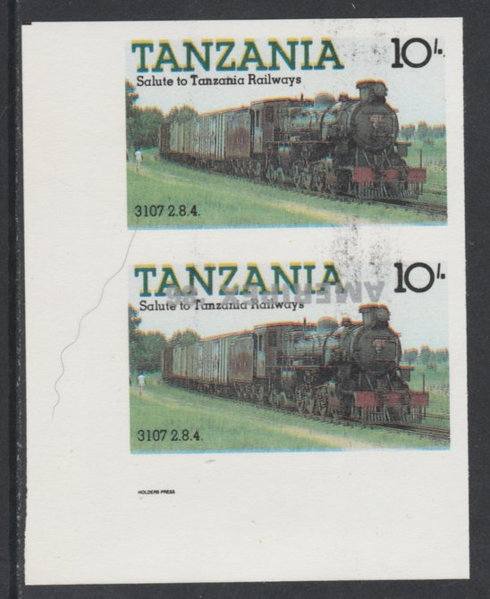 Tanzania 1986 Railways 10s (as SG 431) imperf proof pair with the unissued AMERIPEX 86 opt in silver inverted (some ink smudging) unmounted mint, stamps on postal, stamps on railways, stamps on stamp exhibitions