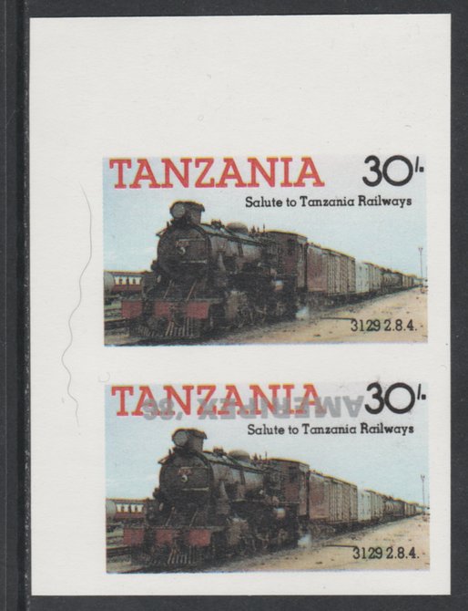 Tanzania 1986 Railways 30s (as SG 433) imperf proof pair with the unissued AMERIPEX 86 opt in silver inverted (some ink smudging) unmounted mint, stamps on postal, stamps on railways, stamps on stamp exhibitions