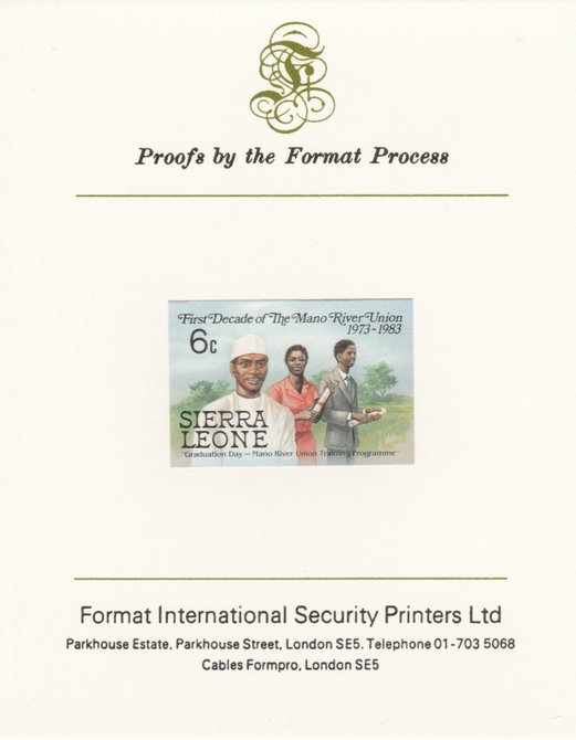 Sierra Leone 1984 Mano River 6c (Graduation Day) imperf proof mounted on Format International proof card as SG 783, stamps on education   rivers