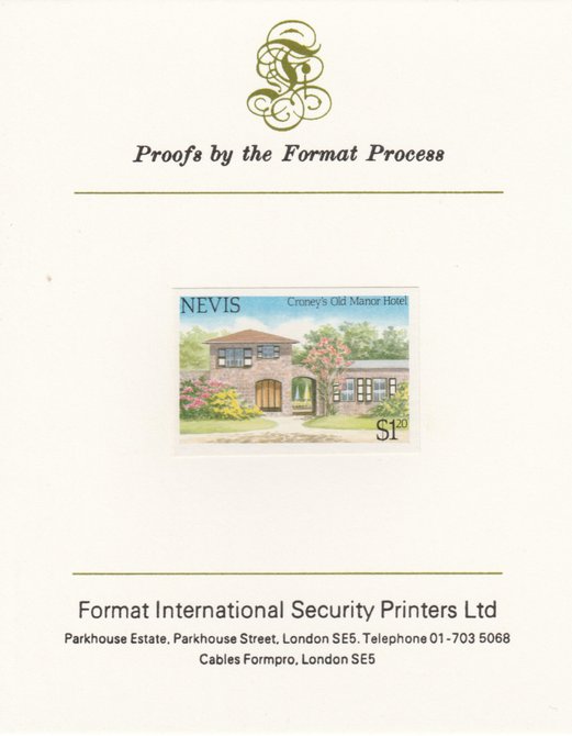 Nevis 1985 Tourism (2nd series) $1.20 (Croney's Old Manor Hotel) imperf proof mounted on Format International proof card as SG 245, stamps on tourism, stamps on hotels