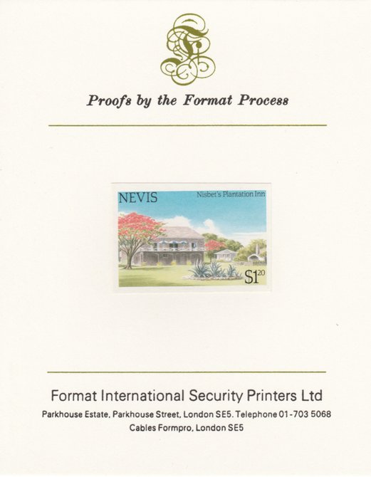 Nevis 1985 Tourism (2nd series) $1.20 (Nisbet's Plantation Inn) imperf proof mounted on Format International proof card as SG 247, stamps on tourism
