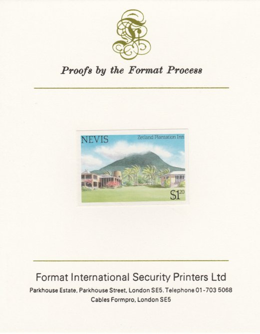 Nevis 1985 Tourism (2nd series) $1.20 (Zetland Plantation Inn) imperf proof mounted on Format International proof card as SG 248, stamps on tourism