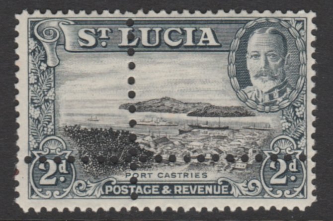 St Lucia 1936 KG5 Pictorial 2d black & grey with forged doubled perfs (stamp is quartered) unmounted mint, as SG 116. Note: the stamp is genuine but the additional perfs ..., stamps on , stamps on  kg5 , stamps on ports