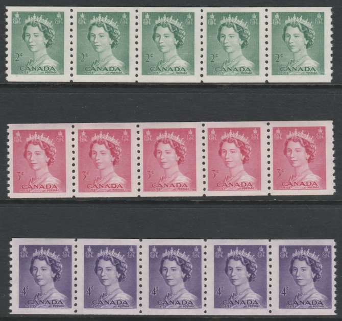 Canada 1953 QEII 2c green, 3c carmine & 4c violet coil stamp (imperf x perf 9.5) each in unmounted mint strips of 5 SG 455-7, stamps on 