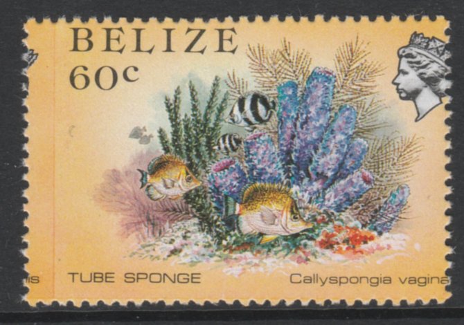 Belize 1984-88 Tube Sponge 60c def with a fine 3.5mm shift of vert perfs (Queens head is split) unmounted mint as SG 776, stamps on marine life, stamps on fish