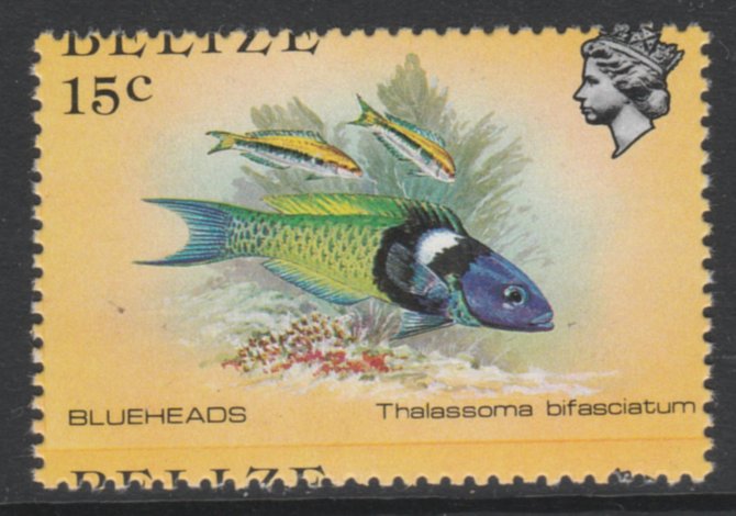 Belize 1984-88 Blueheads 15c def with a fine downward shift of horizontal perfs (passing through Country name) unmounted mint as SG 773, stamps on marine life, stamps on fish