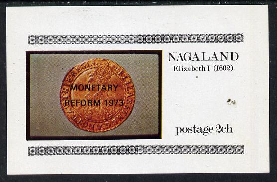 Nagaland 1973 Coins imperf souvenir sheet (2ch value) opt'd Monetary Reform, unmounted mint, stamps on coins
