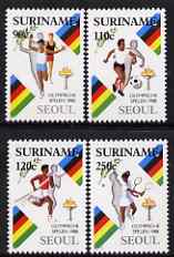 Surinam 1988 Olympic Games Seoul set of 4 (Relay, Tennis, Football, Pole Vault) unmounted mint, SG 1374-77, stamps on sport, stamps on olympics, stamps on tennis, stamps on football, stamps on pole vault