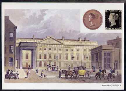 Postcard - Royal Mint on Tower Hill, Medal & 1d black PPC produced by National Postal Museum unused and fine, stamps on london, stamps on buildings, stamps on medals, stamps on postal, stamps on coins