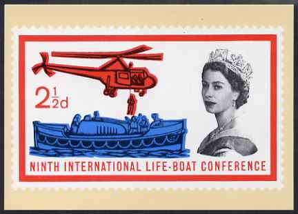 Postcard - Safety at Sea - Lifeboat stamp of 1963 PPC produced by National Postal Museum unused and fine, stamps on , stamps on  stamps on lifeboats, stamps on  stamps on rescue, stamps on  stamps on helicopters