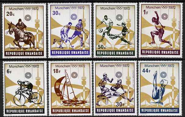 Rwanda 1972 Munich Olympic Games (2nd issue) perf set of 8 values unmounted mint, SG 490-97, stamps on olympics, stamps on yachting, stamps on sailing, stamps on horses, stamps on horse jumping, stamps on long jump, stamps on gymnastics, stamps on field hockey, stamps on football, stamps on bicycles