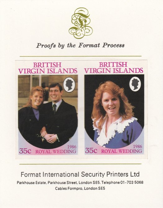 British Virgin Islands 1986 Royal Wedding (Andrew & Fergie) 35c imperf se-tenant proof pair mounted on Format International proof card as SG 605a, stamps on royalty, stamps on andrew, stamps on fergie, stamps on 
