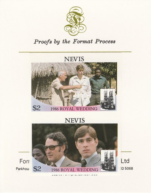 Nevis 1986 Royal Wedding (Andrew & Fergie) 60c imperf se-tenant proof pair mounted on Format International proof card as SG 454a, stamps on royalty, stamps on andrew, stamps on fergie, stamps on 