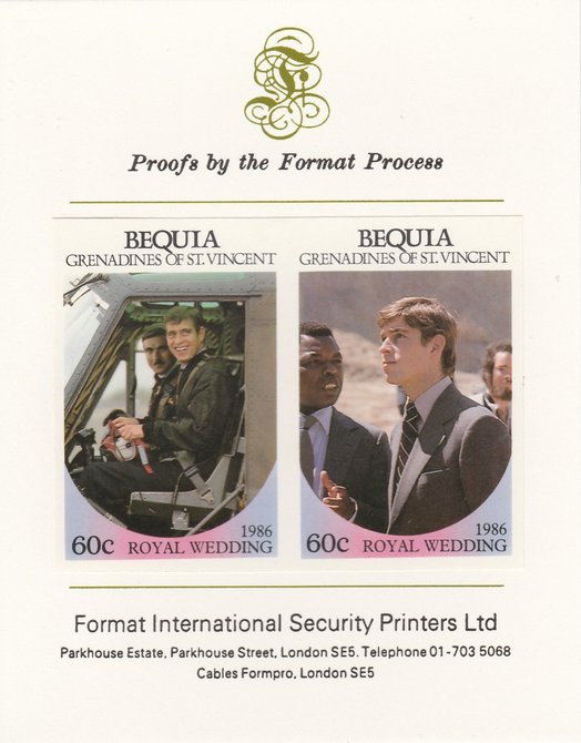 St Vincent - Bequia 1986 Royal Wedding (Andrew & Fergie) 60c imperf se-tenant proof pair mounted on Format International proof card, stamps on royalty, stamps on andrew, stamps on fergie, stamps on 
