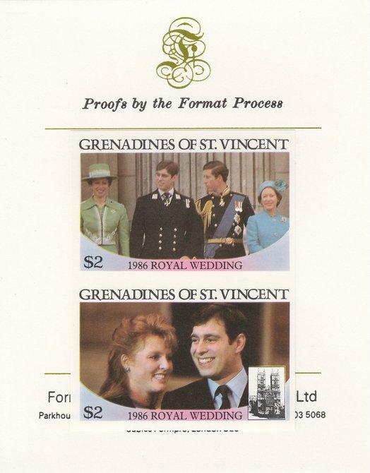 St Vincent - Grenadines 1986 Royal Wedding (Andrew & Fergie) $2 imperf se-tenant proof pair mounted on Format International proof card as SG 488a, stamps on royalty, stamps on andrew, stamps on fergie, stamps on 