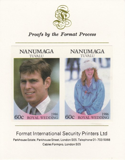 Tuvalu - Nanumaga 1986 Royal Wedding (Andrew & Fergie) 60c imperf se-tenant proof pair mounted on Format International proof card , stamps on royalty, stamps on andrew, stamps on fergie, stamps on 