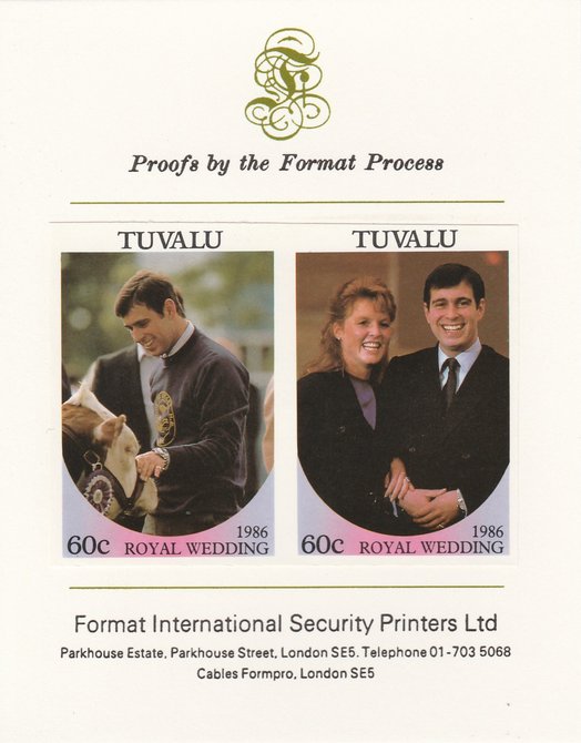 Tuvalu 1986 Royal Wedding (Andrew & Fergie) 60c imperf se-tenant proof pair mounted on Format International proof card as SG 397a, stamps on royalty, stamps on andrew, stamps on fergie, stamps on 