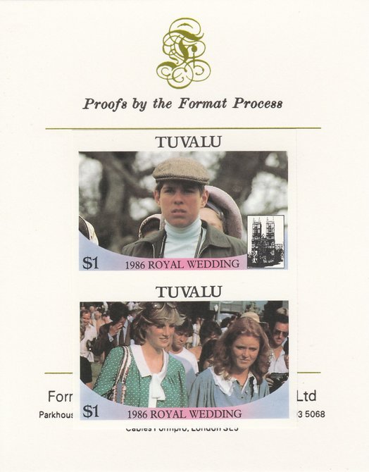 Tuvalu 1986 Royal Wedding (Andrew & Fergie) $1 imperf se-tenant proof pair mounted on Format International proof card as SG 399a, stamps on royalty, stamps on andrew, stamps on fergie, stamps on 